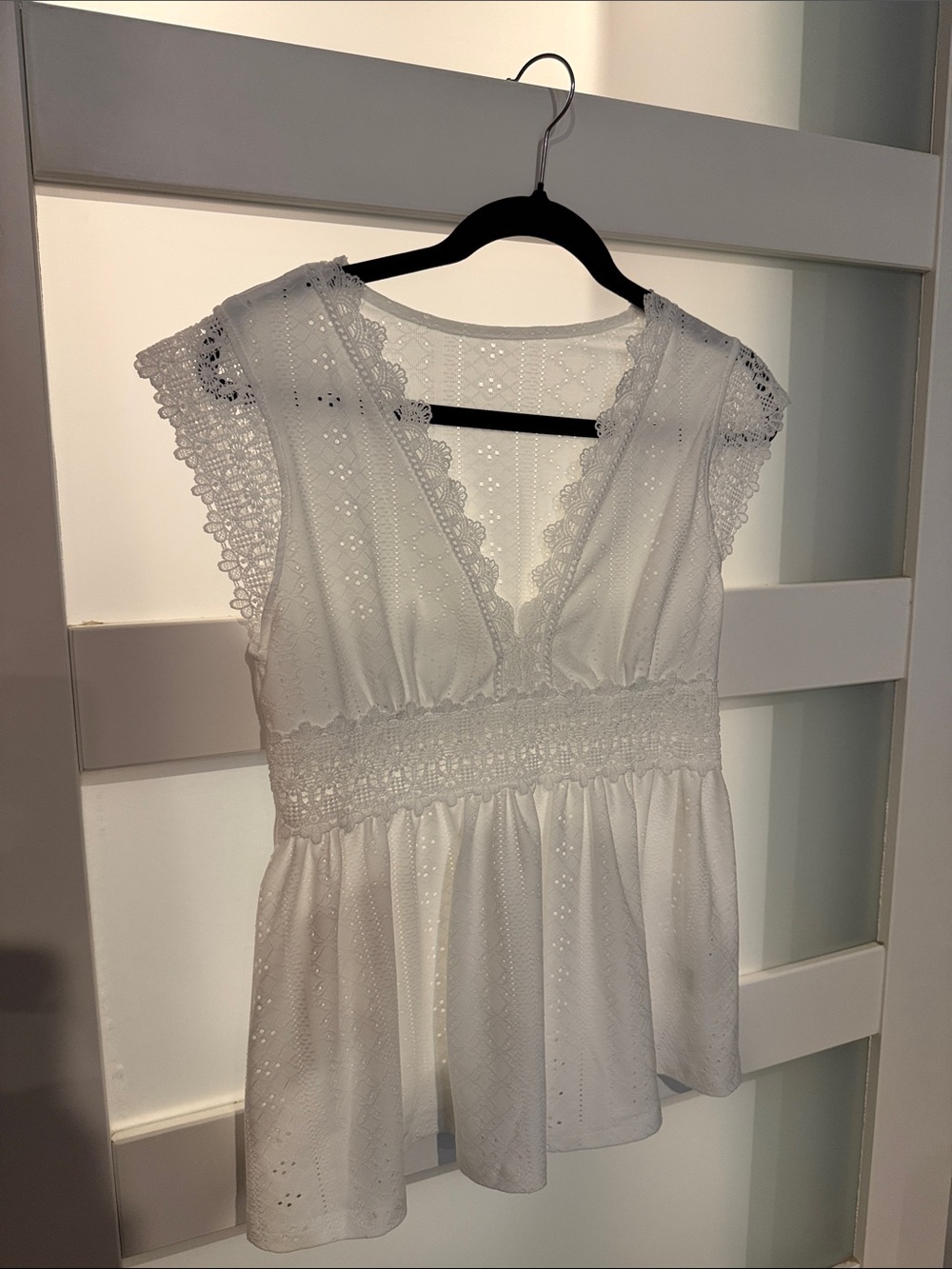 Women's White Eyelet Lace Smocked Waist V-Neck Blouse